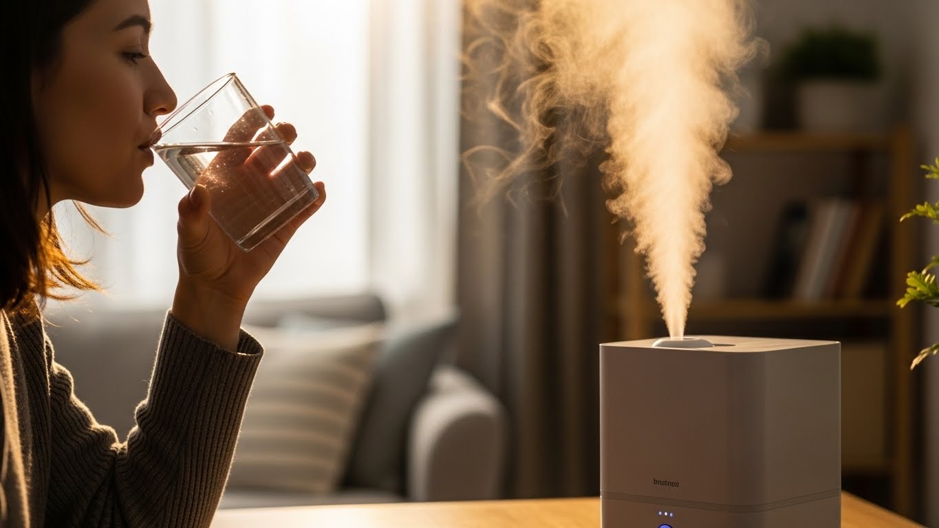 가습기를 켜 놓고 물을 마시는 여성