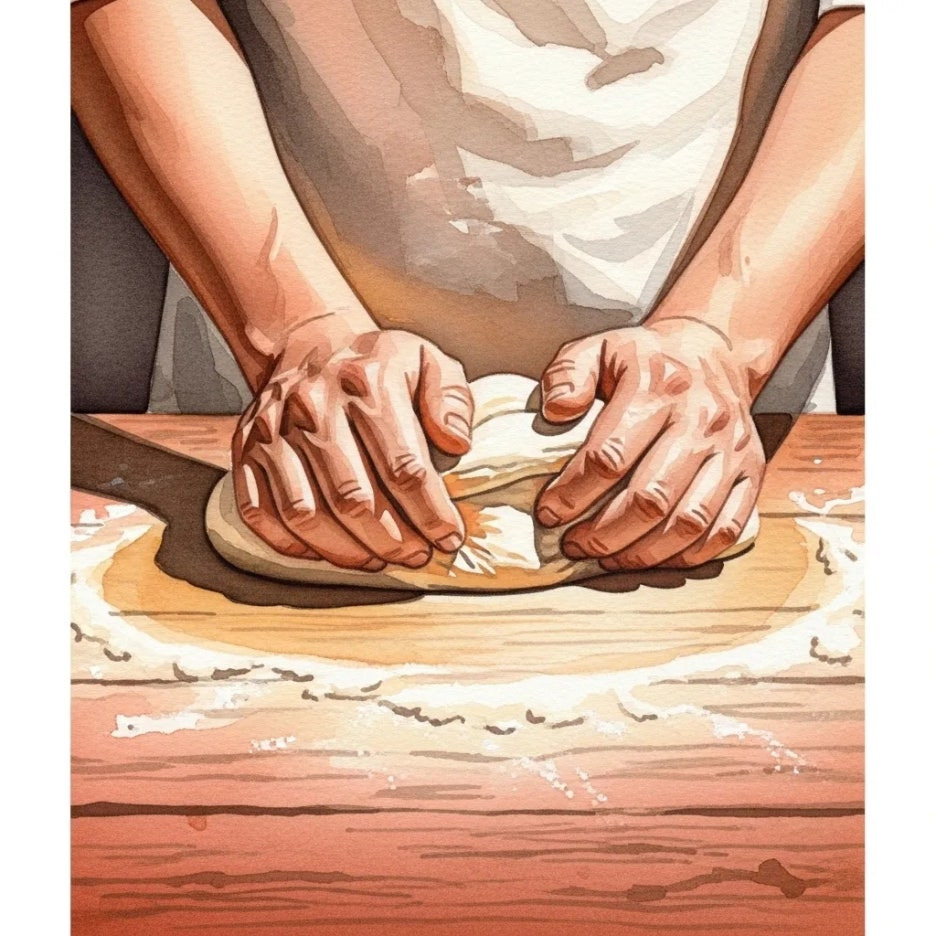 정성스럽게 반죽을 치대는 숙련된 제빵사의 손