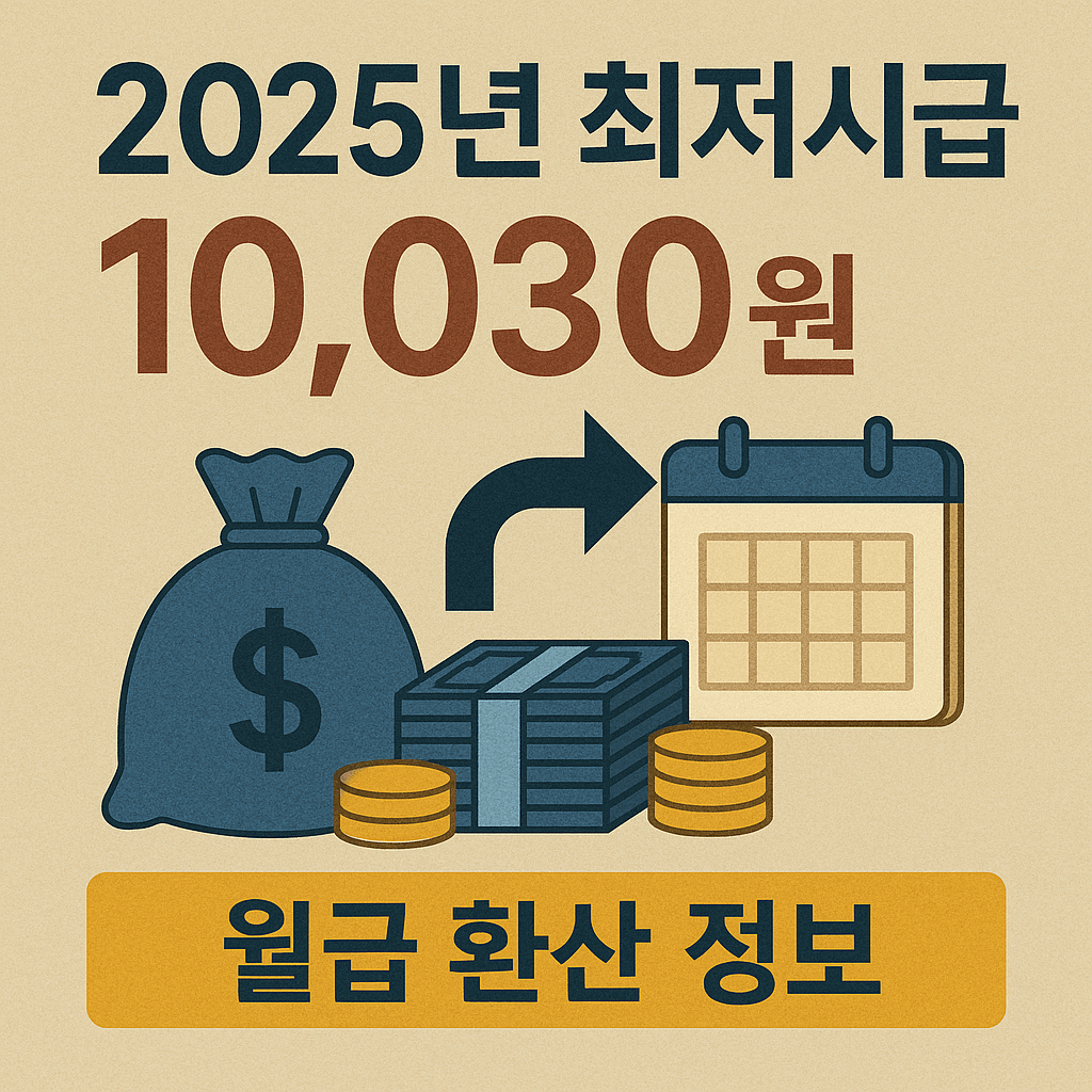 2025년 한국 최저시급 10,030원과 월급 환산 정보를 담은 인포그래픽 이미지