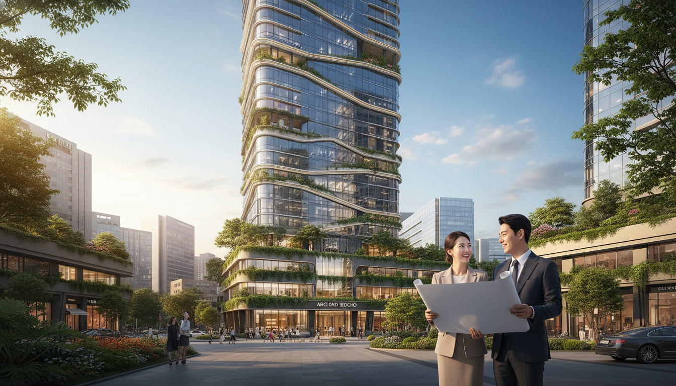 서울 서초구의 랜드마크 아크로드서초 아파트와 청약에 성공한 신혼부부의 모습.