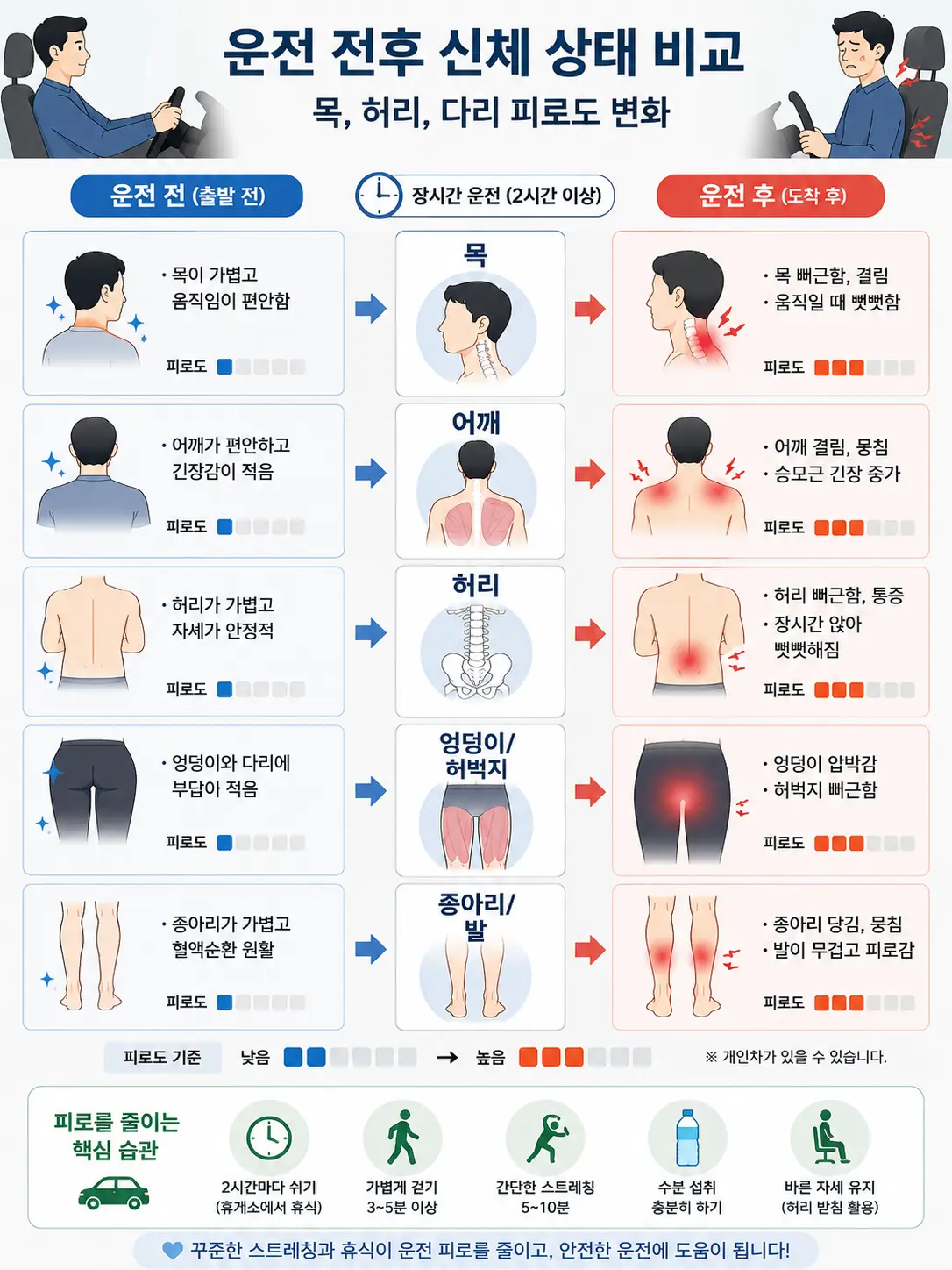 장시간 운전 전후 신체 피로도 비교 인포그래피
