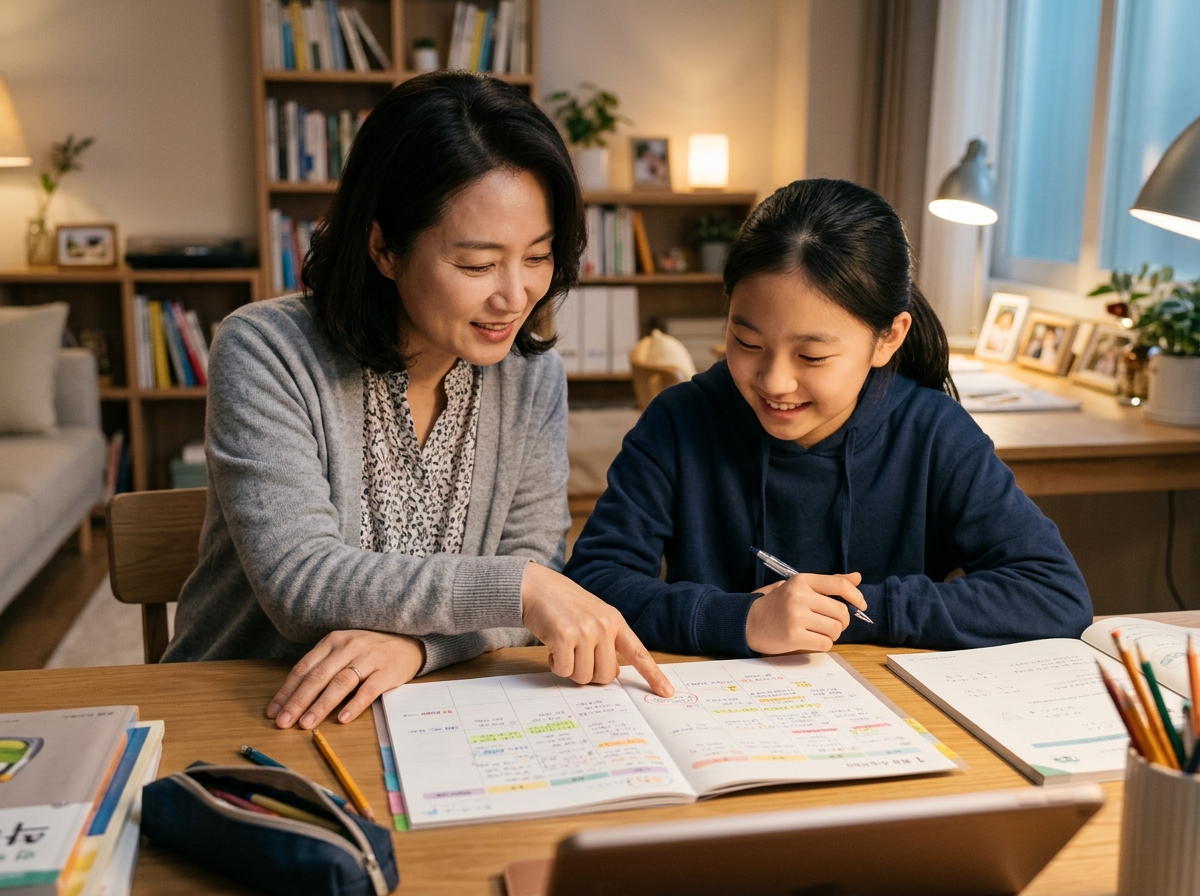 부모님과 함께 주간 수학 학습 계획을 세우는 중학생