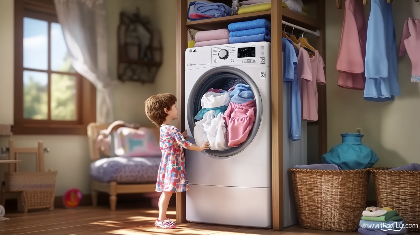 편안한 세탁실에서 LG 워시타워를 사용하는 어린 자녀를 둔 젊은 가족, 아이옷이 쉽게 세탁 및 건조되는 장면을 보여주는 이미지