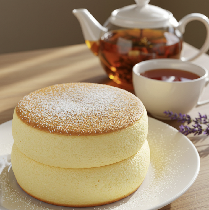 수플레와 홍차가 있는 테이블 풍경