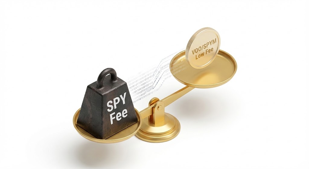 수수료와 주당 가격을 저울에 달아 비교하며 스마트하게 VOO를 선택하는 투자자의 모습