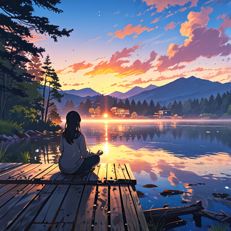 "아름다운 석양 아래 호숫가에서 명상하는 한국인 여성. 잔잔한 물결과 따뜻한 노을빛이 평온한 분위기를 조성하며, 마음을 안정시키고 스트레스를 해소하는 순간. 자연 속에서 마음챙김과 정신 건강을 위한 명상 장면."