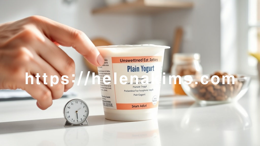 밝은 배경의 주방 카운터 위, 손이 무가당 플레인 요거트 컵의 라벨을 신중하게 읽고 있는 클로즈업 샷. 요거트 옆에는 작은 시계나 온도계 이미지가 살짝 배치 되어 있는 모습.