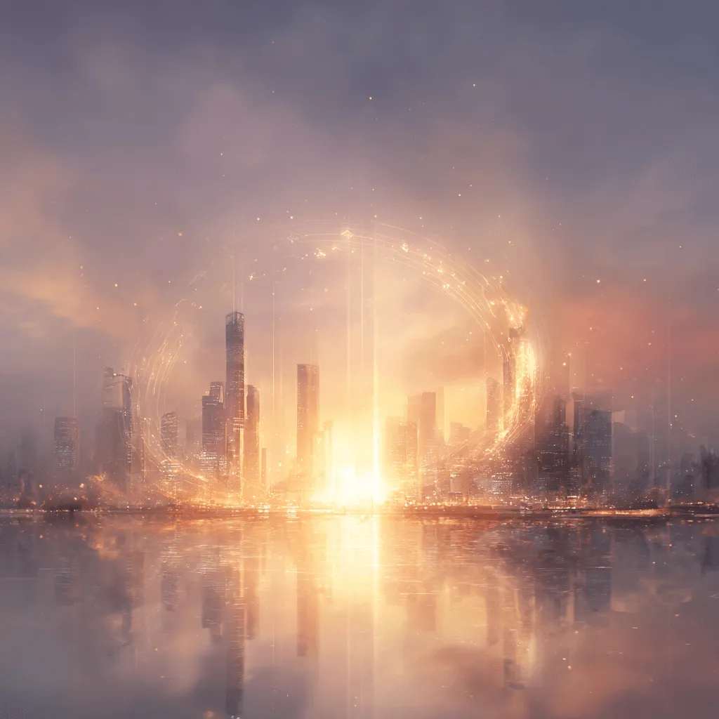 원화스테이블코인: 황금 원화 코인을 중심으로 현대적인 빌딩들이 원형으로 배치되어 연결되는 모습을 표현한 이미지. 빅테크 기업들의 스테이블 코인 생태계 협력을 상징 (BigTech Ecosystem&#44; Fintech Partnership).