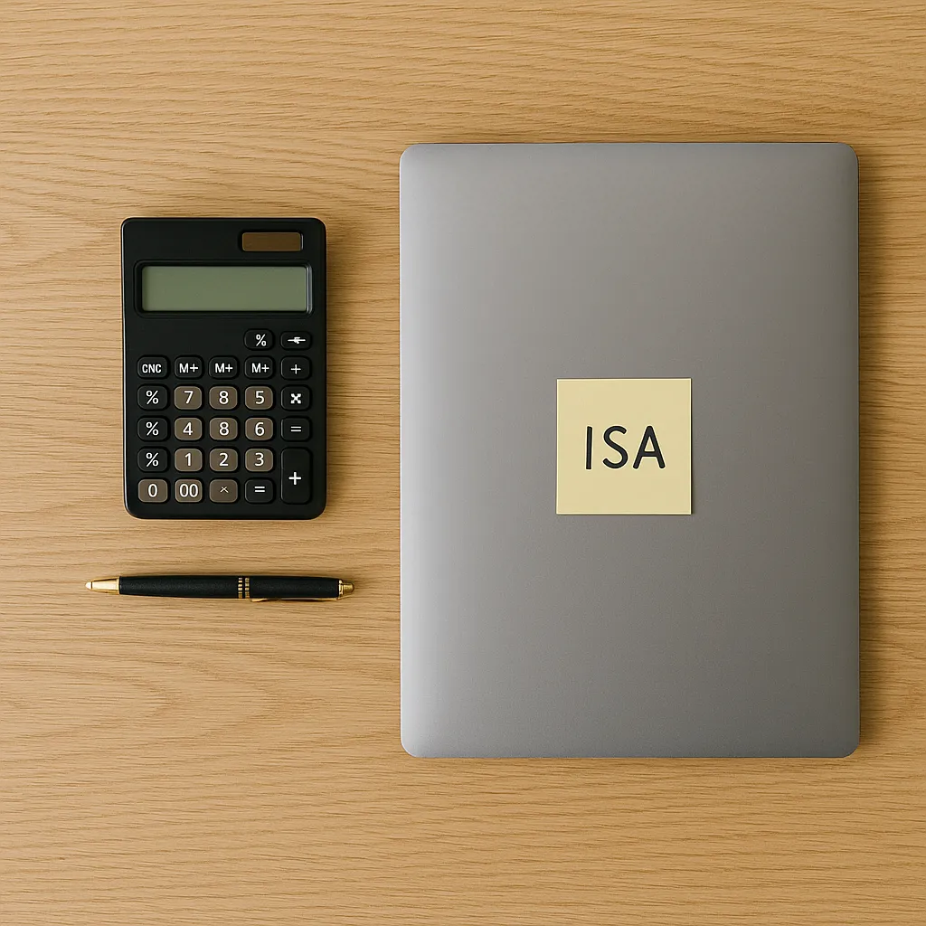 ISA 메모가 붙은 노트북과 계산기 평면 구성