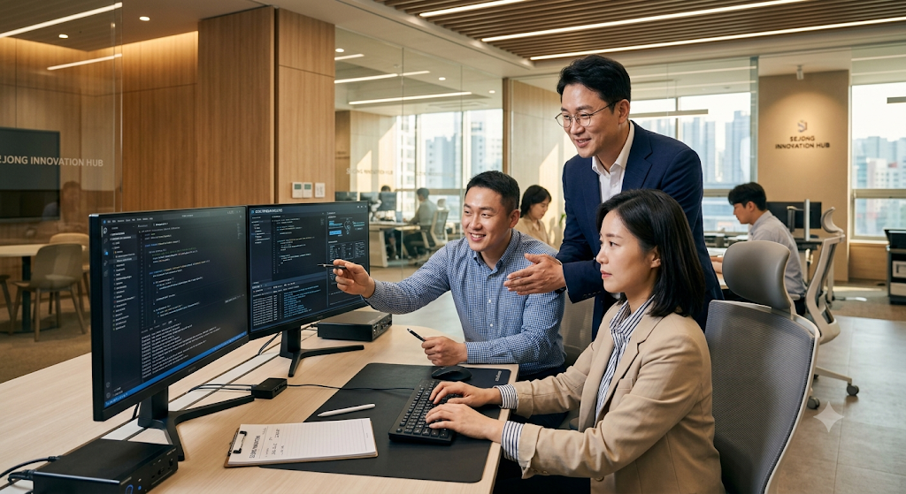 세종시의 스마트 기술 혁신 창업 센터(SEJONG INNOVATION HUB) 내부에서 커리어 재도약을 위해 전문가의 멘토링을 받으며 듀얼 모니터 화면 속 소프트웨어 코딩 및 데이터 제어 시스템 실습에 집중하고 있는 30대 40대 중장년 교육생들의 프리미엄 실사 사진