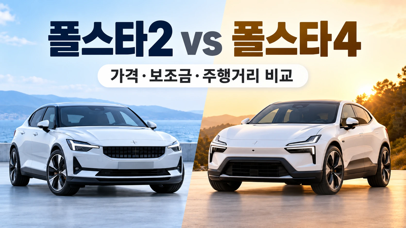 폴스타 2(좌측)와 폴스타 4(우측) 전면부 디자인 및 외관 비교