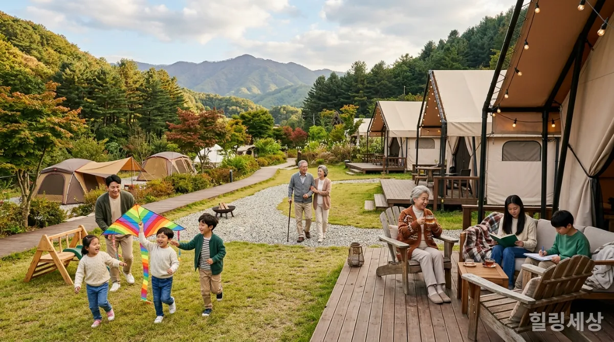 다양한 연령대의 한국 가족 구성원들이 캠핑장과 글램핑장에서 각자 즐거운 시간을 보내는 모습