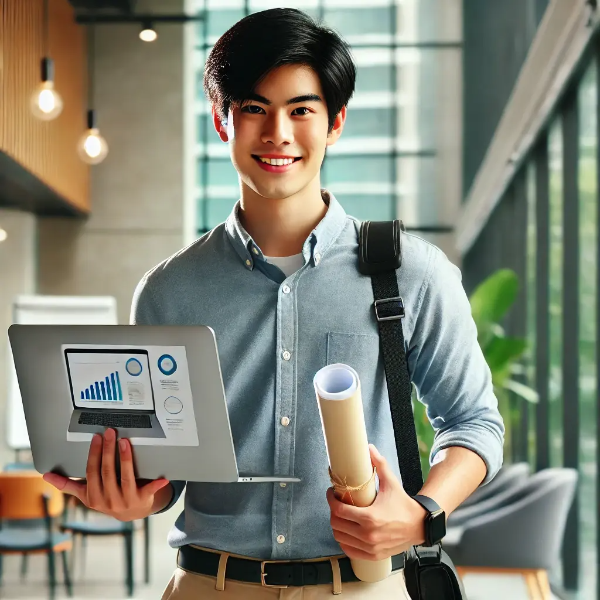 창업 아이디어를 자신 있게 발표하는 젊은 아시아인