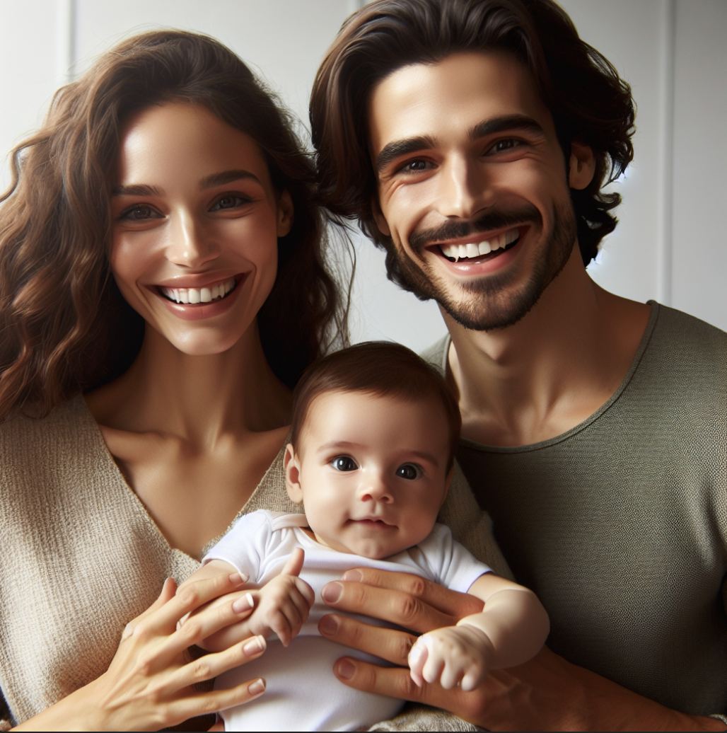 아기를 품에 안고 행복해하는 젊은 부부