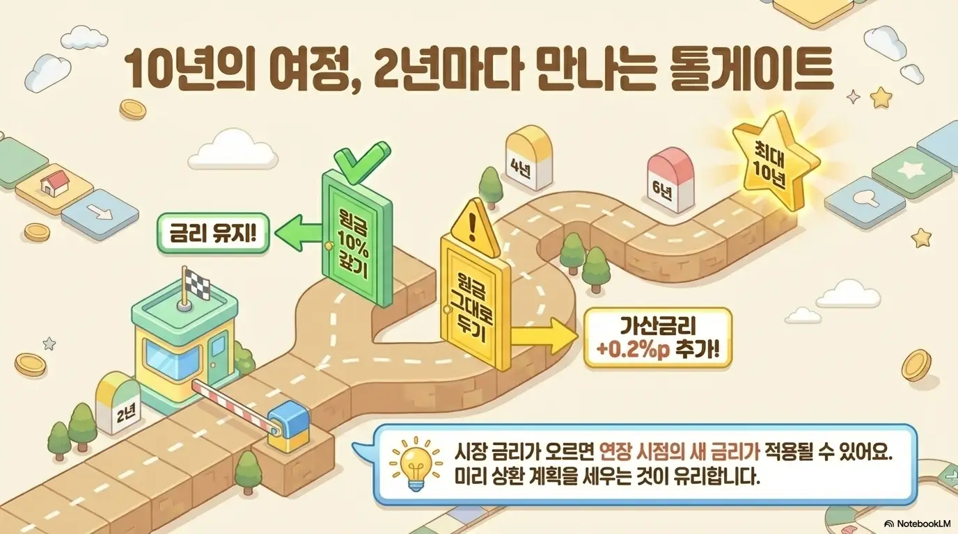 전세자금대출 금리비교: 10년의 여정에서 2년마다 만나는 톨게이트로 전세대출 연장을 표현한 이미지. 연장 시 원금 10%를 갚으면 금리가 유지되고 원금을 그대로 두면 가산금리 0.2%포인트가 붙으며 최대 10년 이용 가능하고, 시장 금리가 오르면 연장 시점 새 금리가 적용되니 미리 상환 계획을 세우라는 내용을 시각적으로 전달함