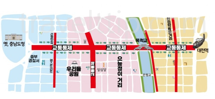 대전 0시 축제 주차장 위치, 교통 통제 구간, 편의시설 위치