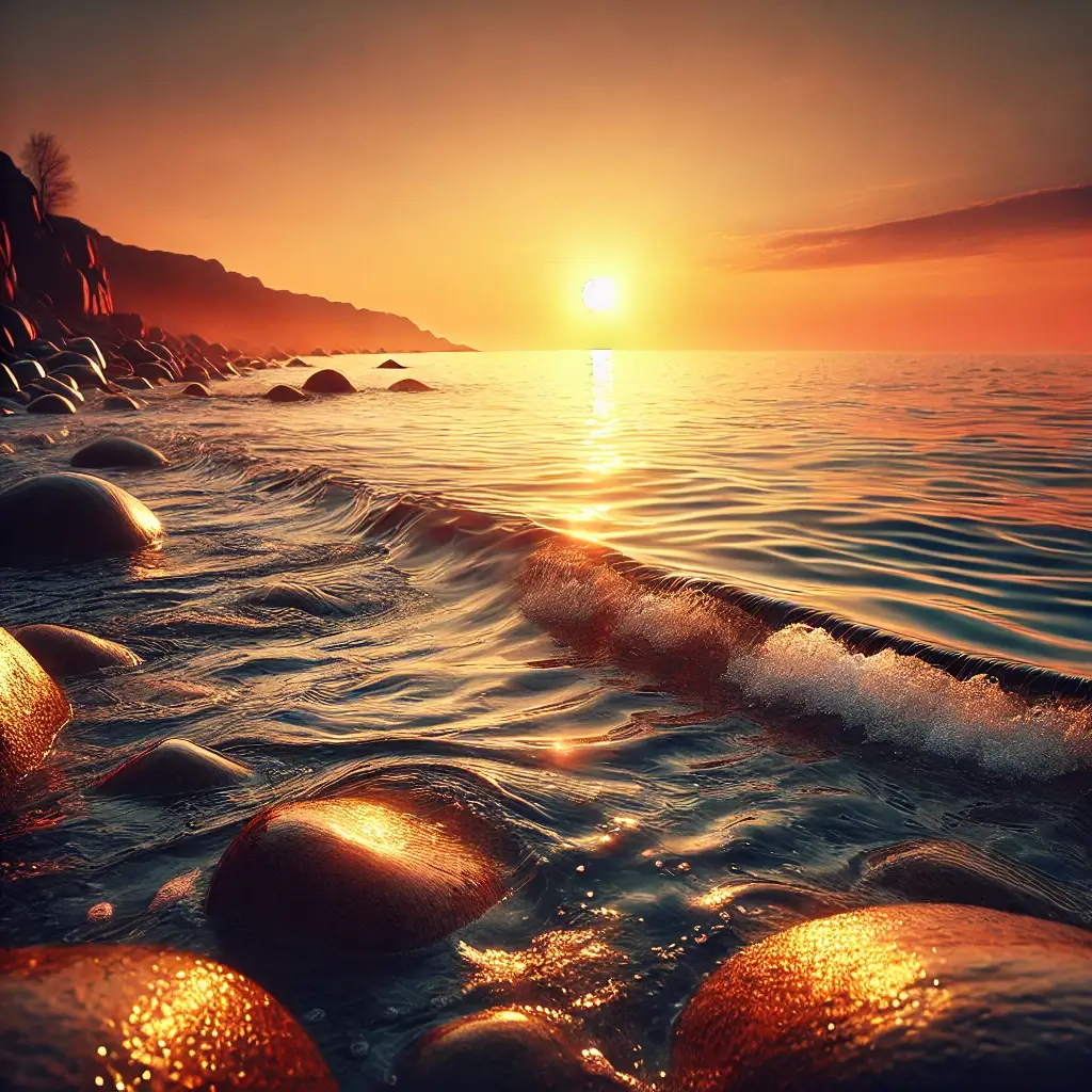봄 바다의 잔잔한 물결과 황금빛 노을