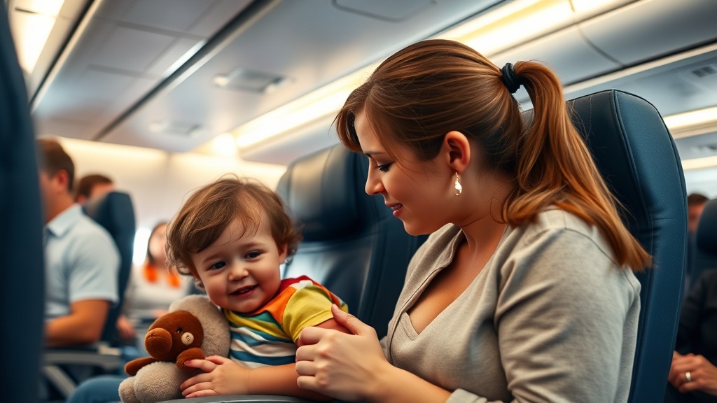 비행기 통로에서 울음을 터뜨린 아기를 안고 부드럽게 달래고 있는 부모의 모습. 주변의 시선에 흔들리지 않고 아이의 눈을 맞추며 안정시키려 노력하고 있다. 부드럽고 차분한 분위기를 연출한다.