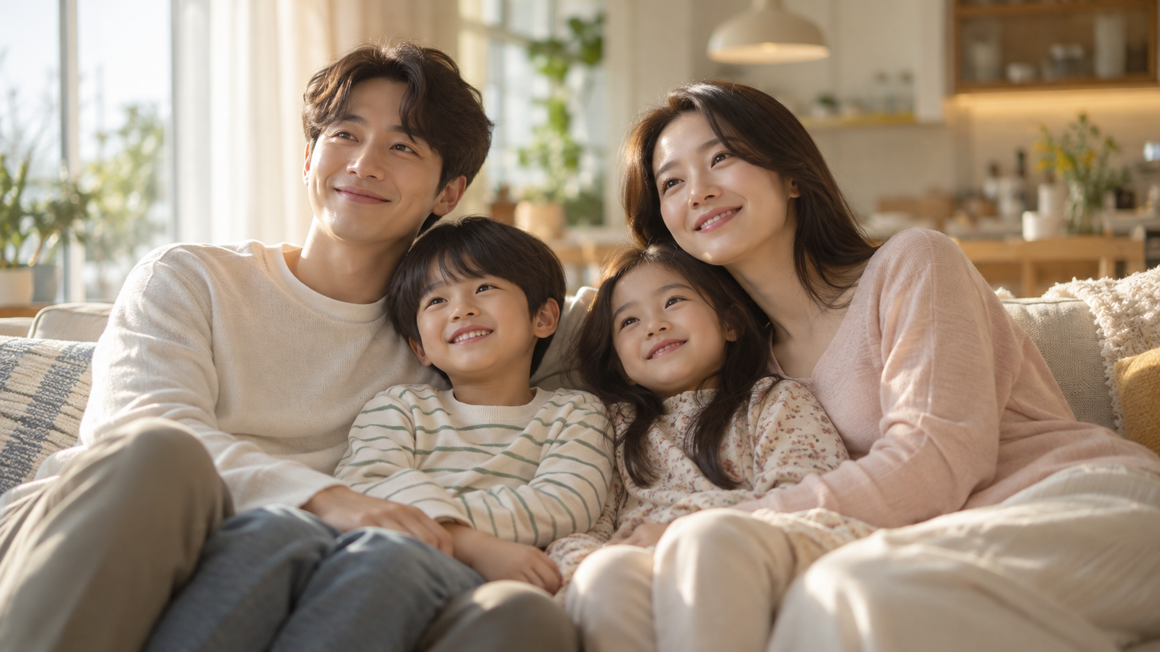 거실에 함께 앉은 가족과 자녀장려금 지원 대상 가구 모습