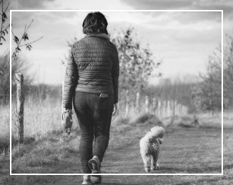 개와 함께 공원 산책하는 여자 뒷모습
