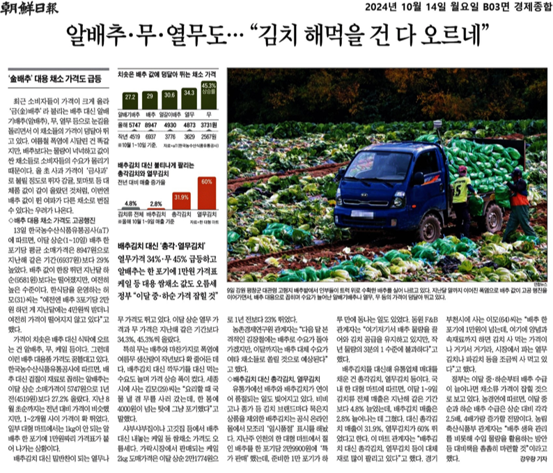 '금배추'라 불리는 배추값에 덩달아 뛰는 채소가격