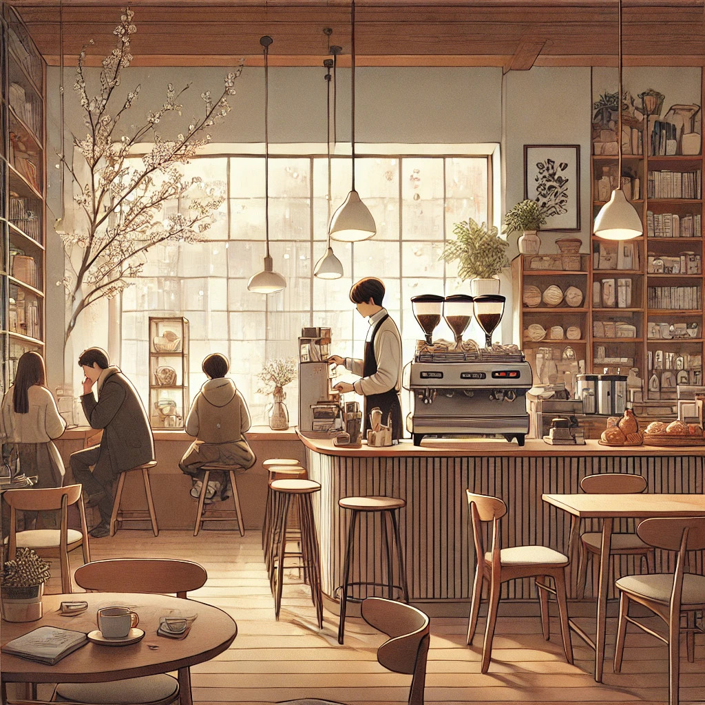 한국의 감성적인 분위기를 느낄 수 있는 카페의 모습을 그린 이미지