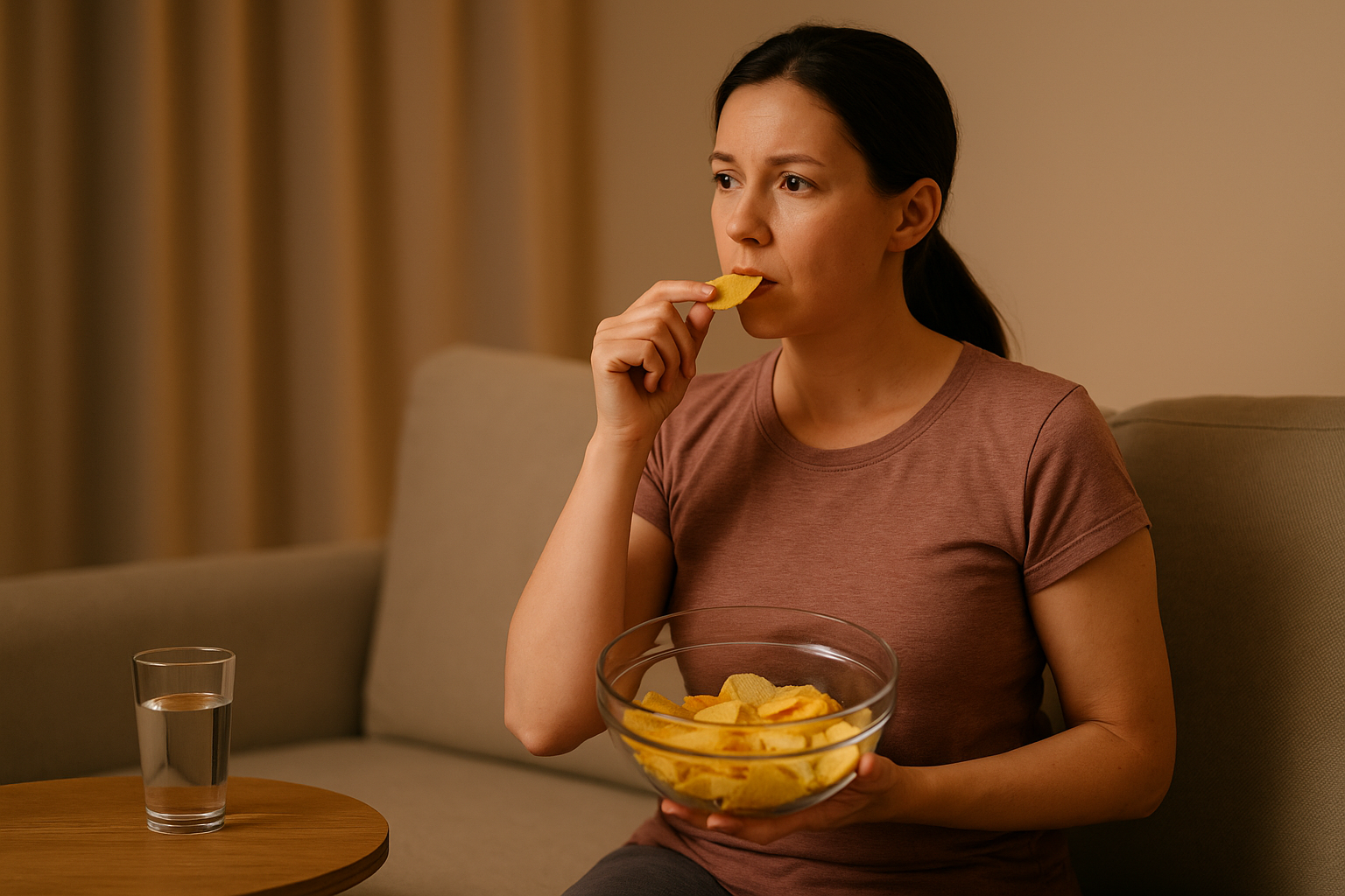 40대 여성으로 보이는 여성이 저녁 시간 소파에 앉아 감자칩을 먹고 있는 모습, 야식 습관과 관련된 일상적인 순간을 자연스럽게 표현한 장면