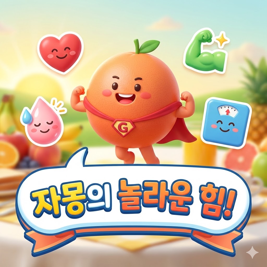 활기찬 자몽 캐릭터가 다양한 건강 효능을 상징하는 아이콘들에 둘러싸여 있으며, '자몽의 놀라운 힘!'이라는 문구가 적힌 귀여운 3D 카툰 일러스트.