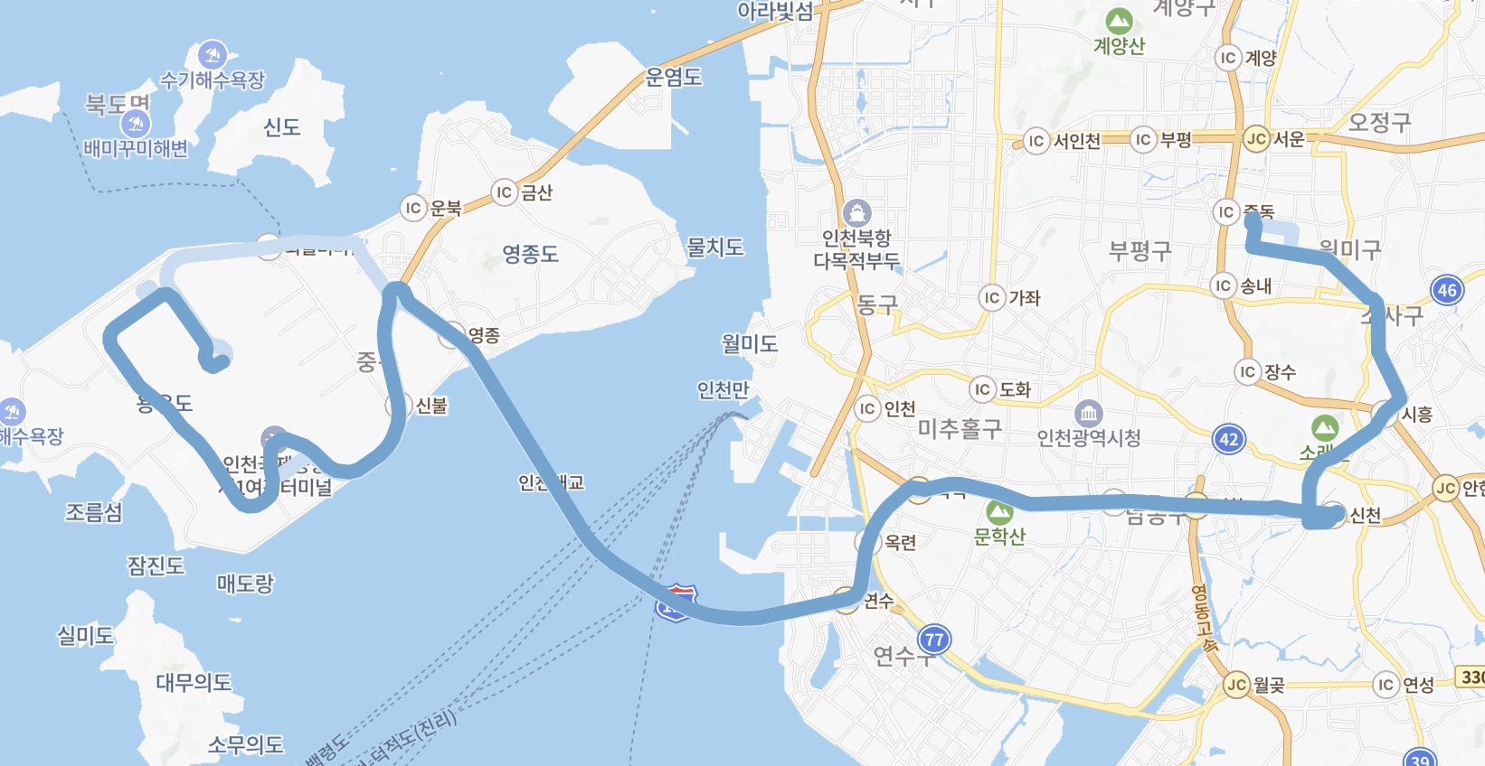 인천공항 N7001 버스 운행지도