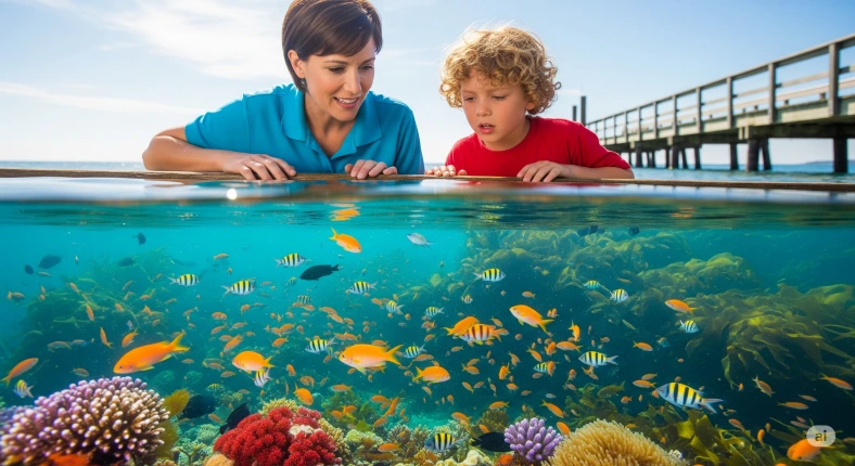 어업 자원 고갈 방지를 위한 교육을 아이에게 하고 있는 어머니가 그것을 듣고있는 아들모습
