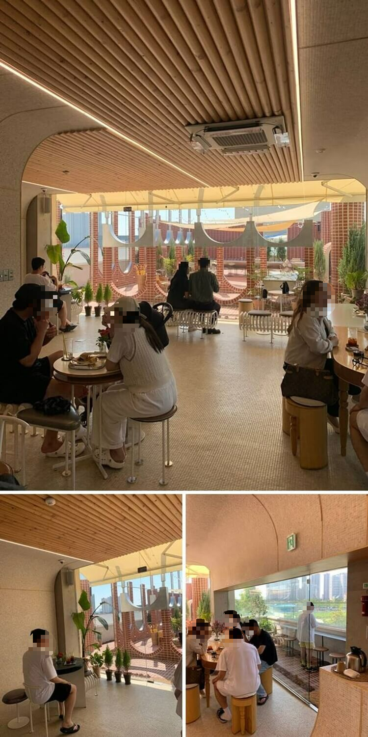 3층 더 안쪽의 자리와 단체석 자리, 실내 식물원 같은 바 형태 자리