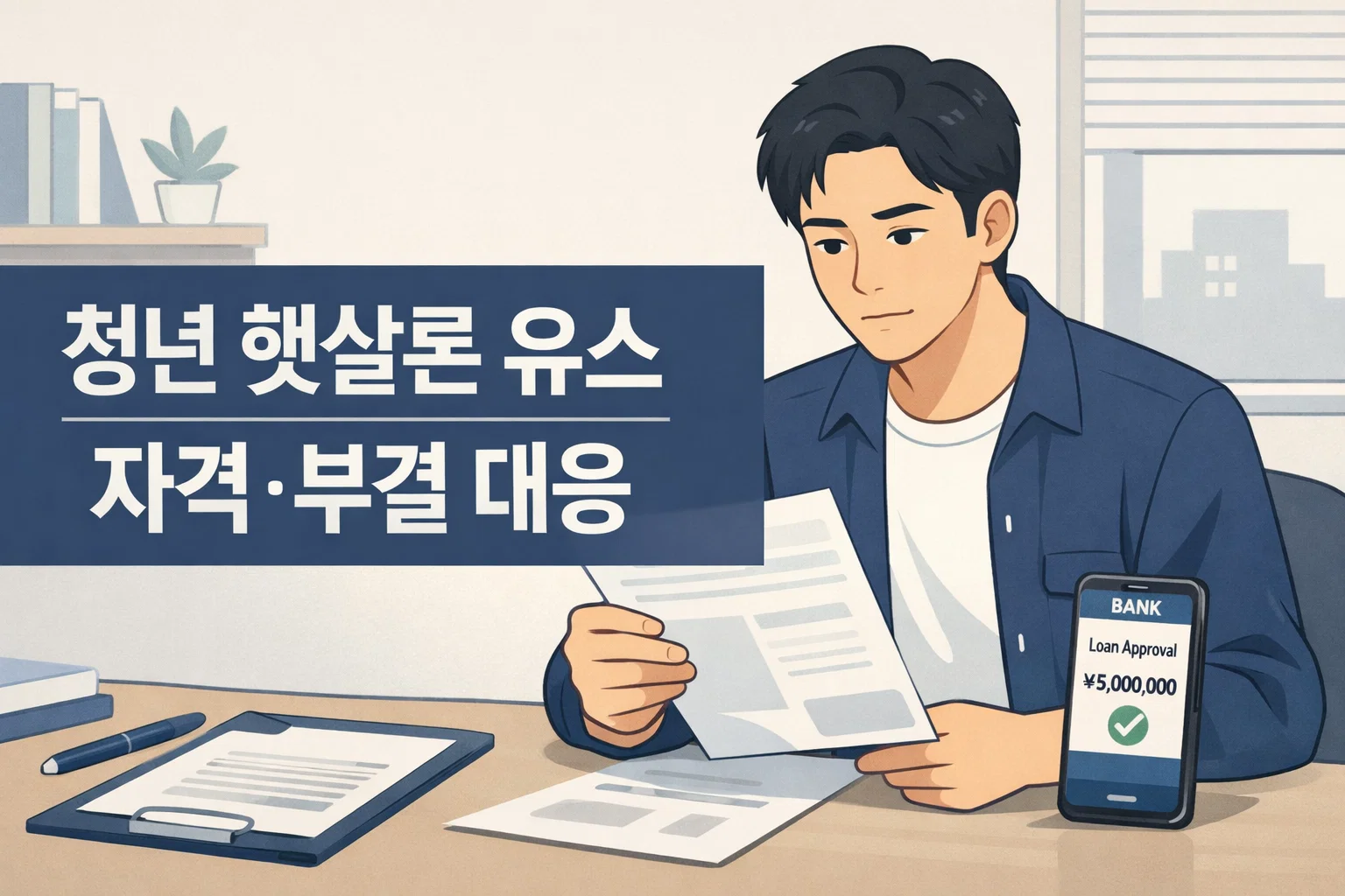 청년 햇살론 유스 자격과 부결 대응 흐름을 한눈에 보며 신청 전 확인해야 할 기본 조건과 승인 판단 포인트를 이해하도록 구성한 썸네일 이미지