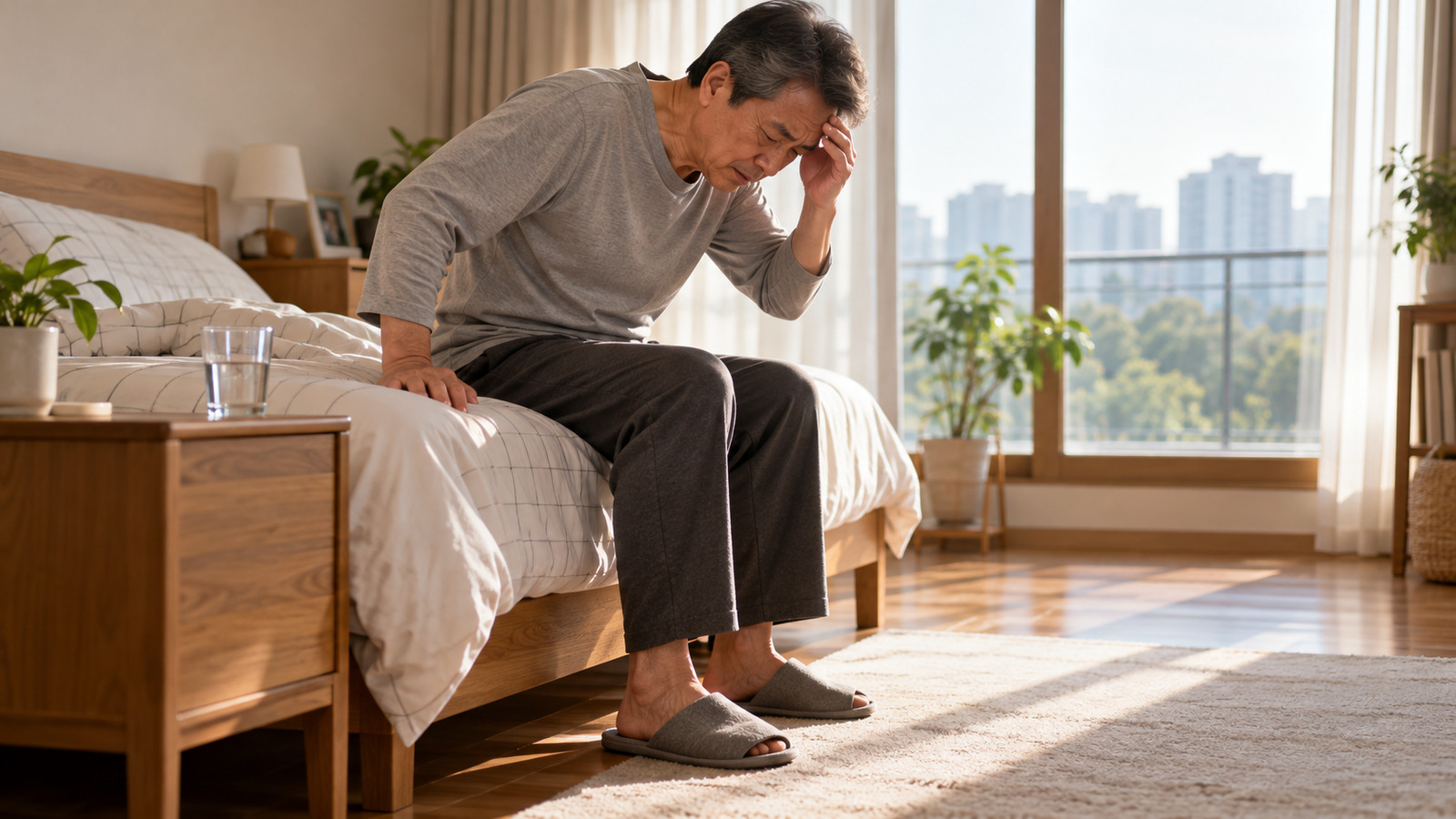 아침 침대 가장자리에 앉아 머리를 짚는 중년 남성과 곁에 놓인 물컵이 보이는 실사 장면