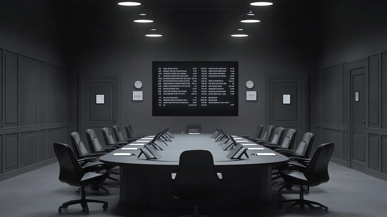 유럽중앙은행 이사회에서 정책금리 인상 논의와 함께 실시간 유럽, 미국 증시 지수가 전광판에 표시되고 있으며 글로벌 금융시장, 금리변동, 유로존 증시 영향, 정책결정, 2025년 투자자 관심이 어우러진 진지한 금융회의 현장