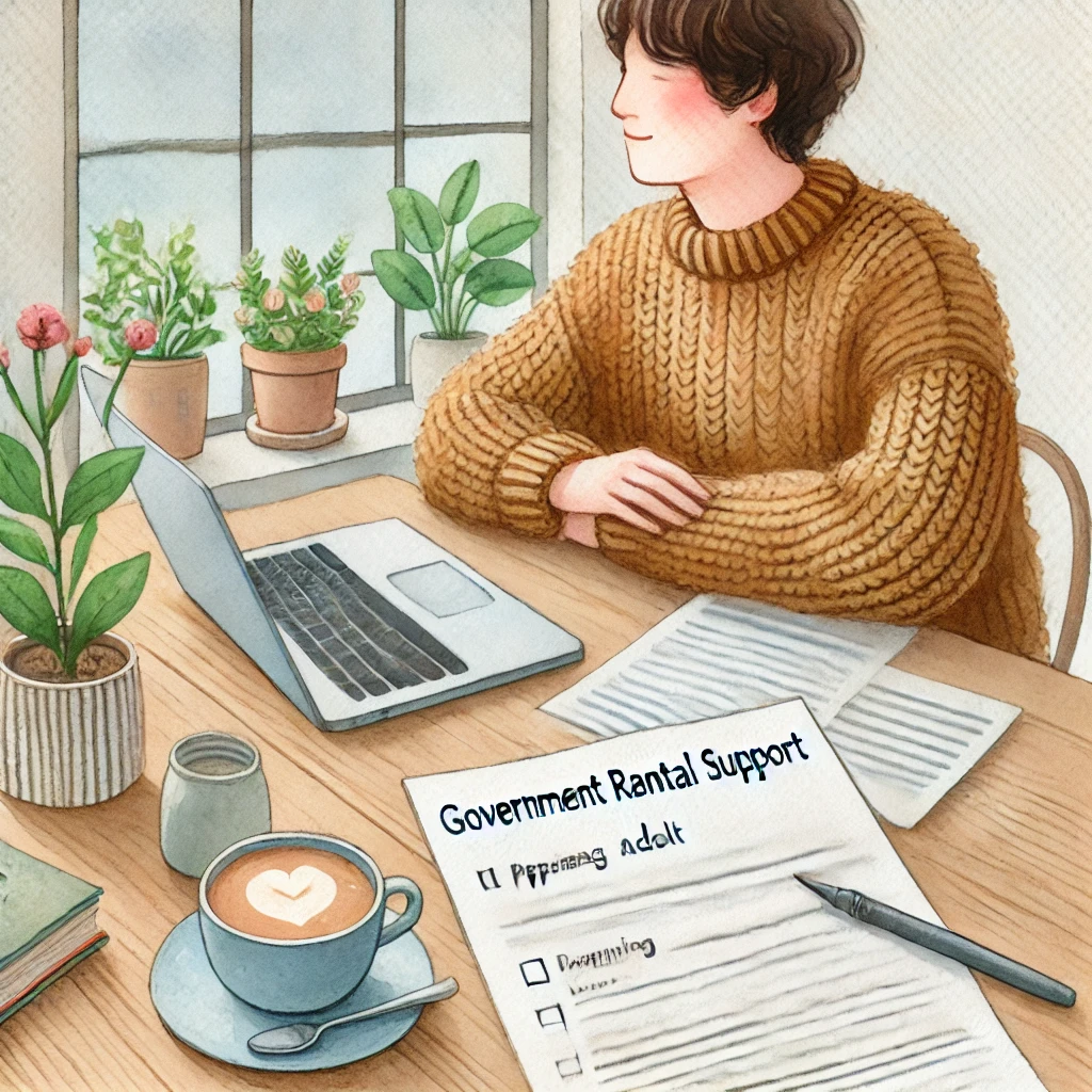 A young adult sitting at a desk with housing documents, a laptop, and a cup of coffee