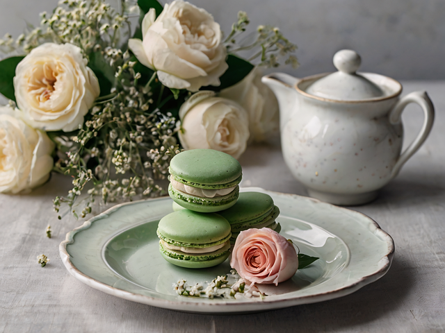 말차로-만든-마카롱이-접시에-꽃과-함께-담겨져-있습니다.