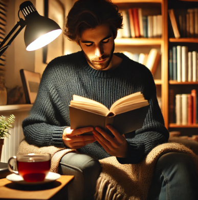 편안한 장소에서 책 읽는 모습