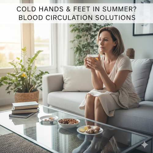 여름철 수족냉증 완화를 위해 따뜻한 차를 마시며 휴식을 취하는 여성과 테이블 위에 놓인 생강, 견과류 등 혈액순환에 좋은 음식들.