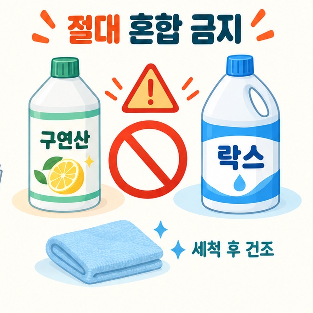 구연산과 락스의 혼합 금지 표시와 세척 후 건조를 뜻하는 천 아이콘