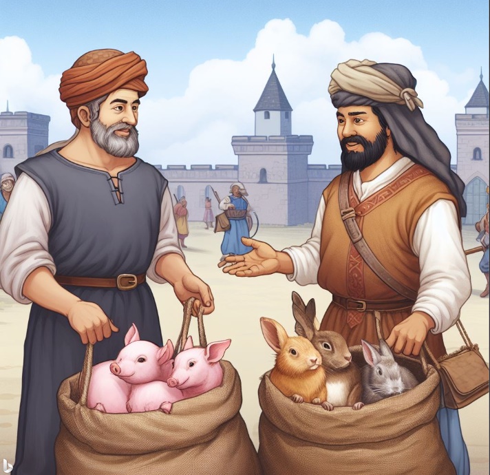 아기 돼지를 판매한 농부와 토끼를 자루에 넣어서 판매한 농부(made by Bing)