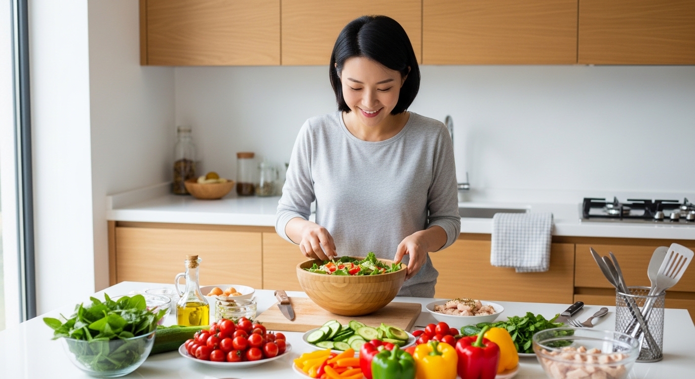 현대적인-주방에서-건강식-샐러드를-준비하는-한국-여성