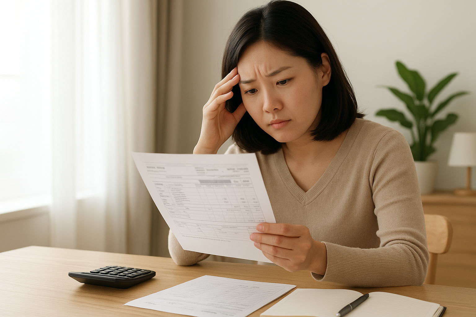 아파트 관리비 절약을 위해 고지서를 확인하는 한국 여성