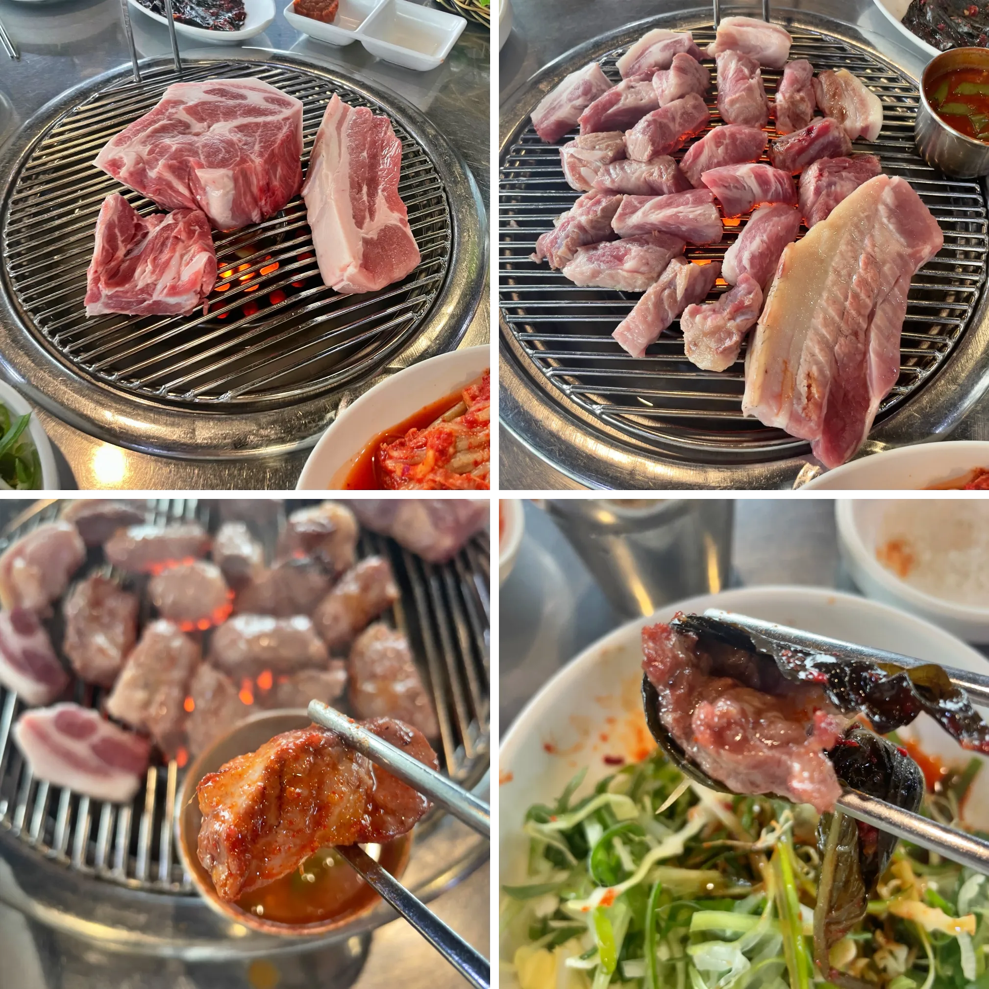 구워진 고기와 먹는 고기 사진