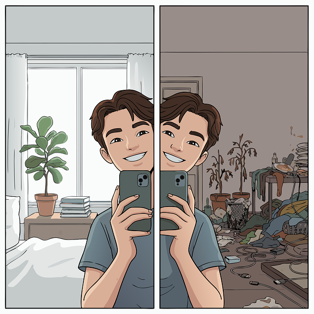 현실의 나와 사회적 시선을 의식한 나를 대조하는 이미지