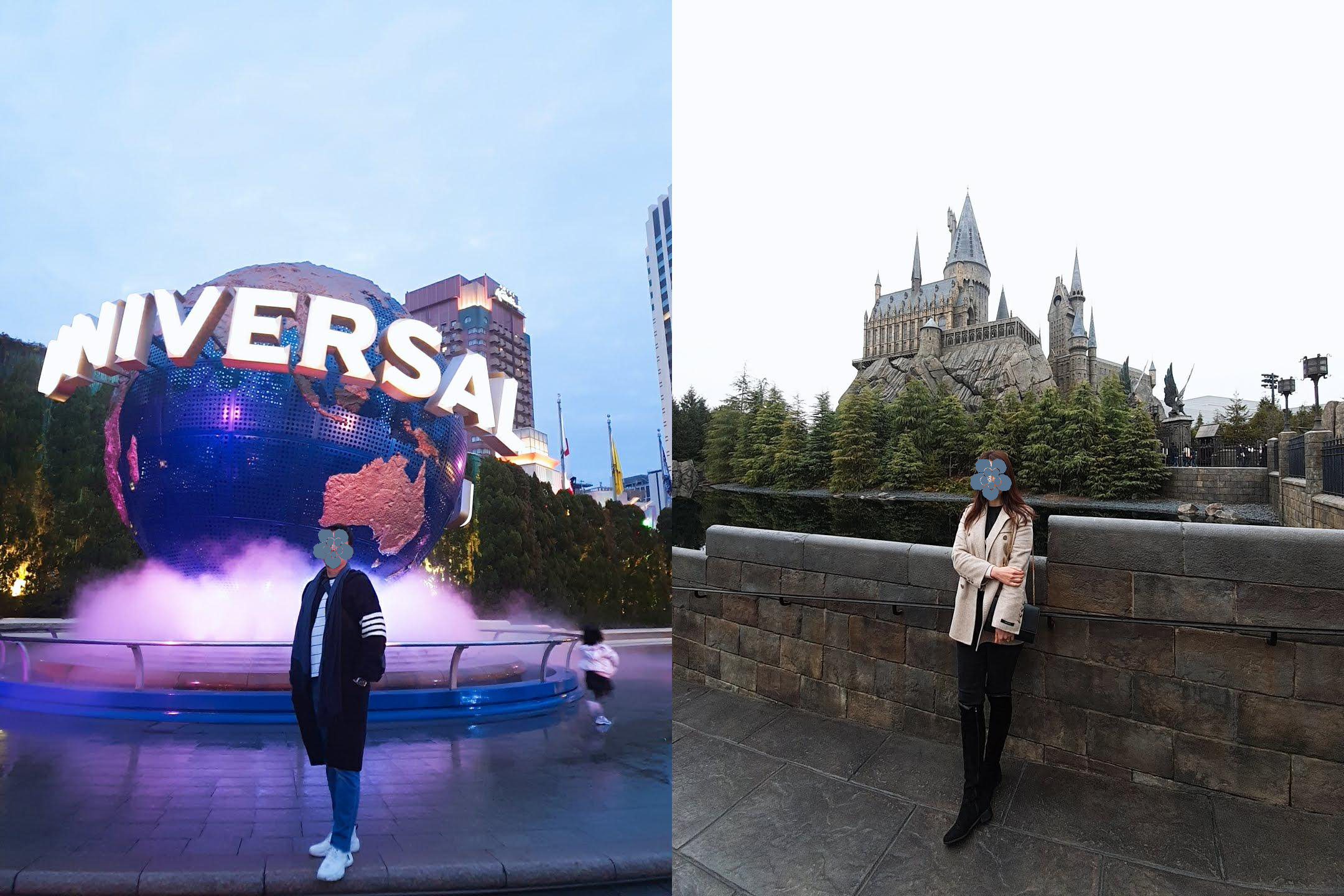 유니버셜 스튜디오 재팬의 지구본 조형물 앞과 해리 포터 테마존 호그와트 성 앞에서 촬영한 가족 여행 사진을 콜라주로 구성한 이미지입니다.