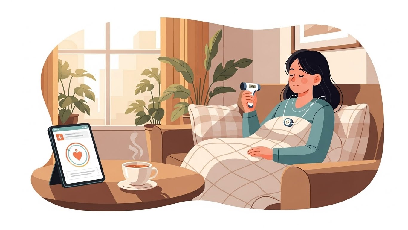 Calm medical illustration showing what to do if COVID-19 symptoms appear