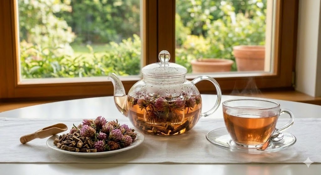 심한 안면 홍조와 야간 발한 등 에스트로겐 부족으로 인한 갱년기 열감을 가라앉히는 데 최상의 시너지를 내는 레드클로버 승마 블랜딩