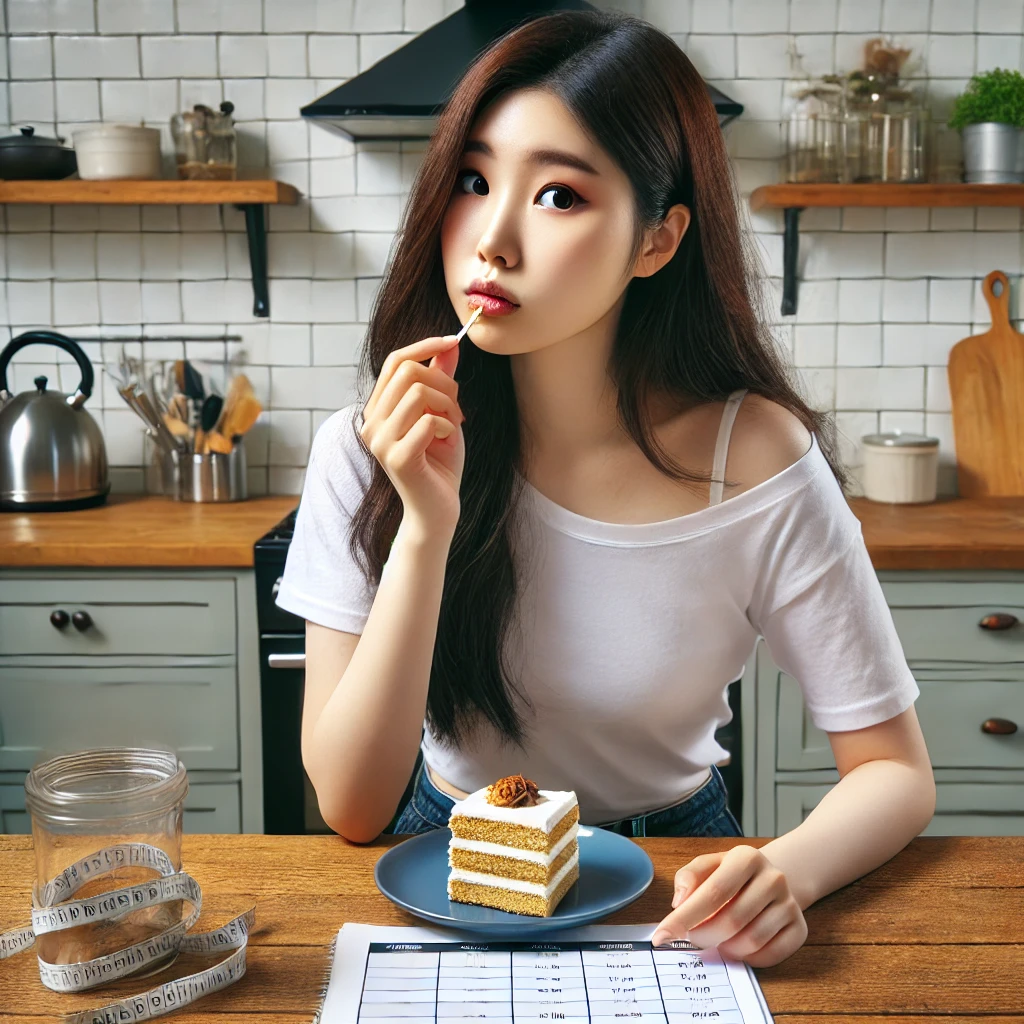주방에서 다이어트 계획을 보며 케이크를 먹고 죄책감 있는 표정을 짓는 젊은 여성