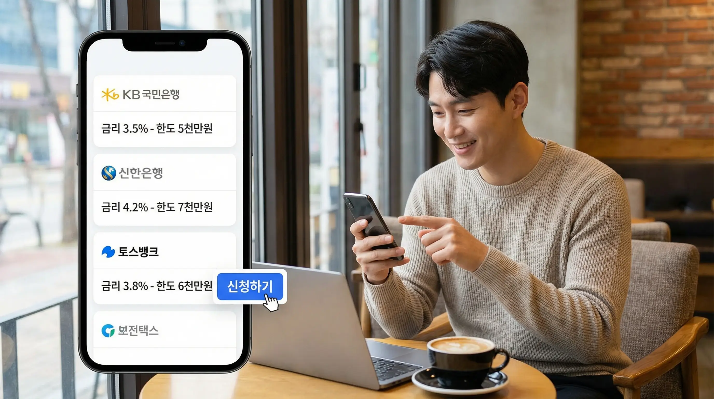 스마트폰 대출 중개 플랫폼을 통해 여러 업체의 한도와 금리를 한눈에 비교하고 선택하는 모습