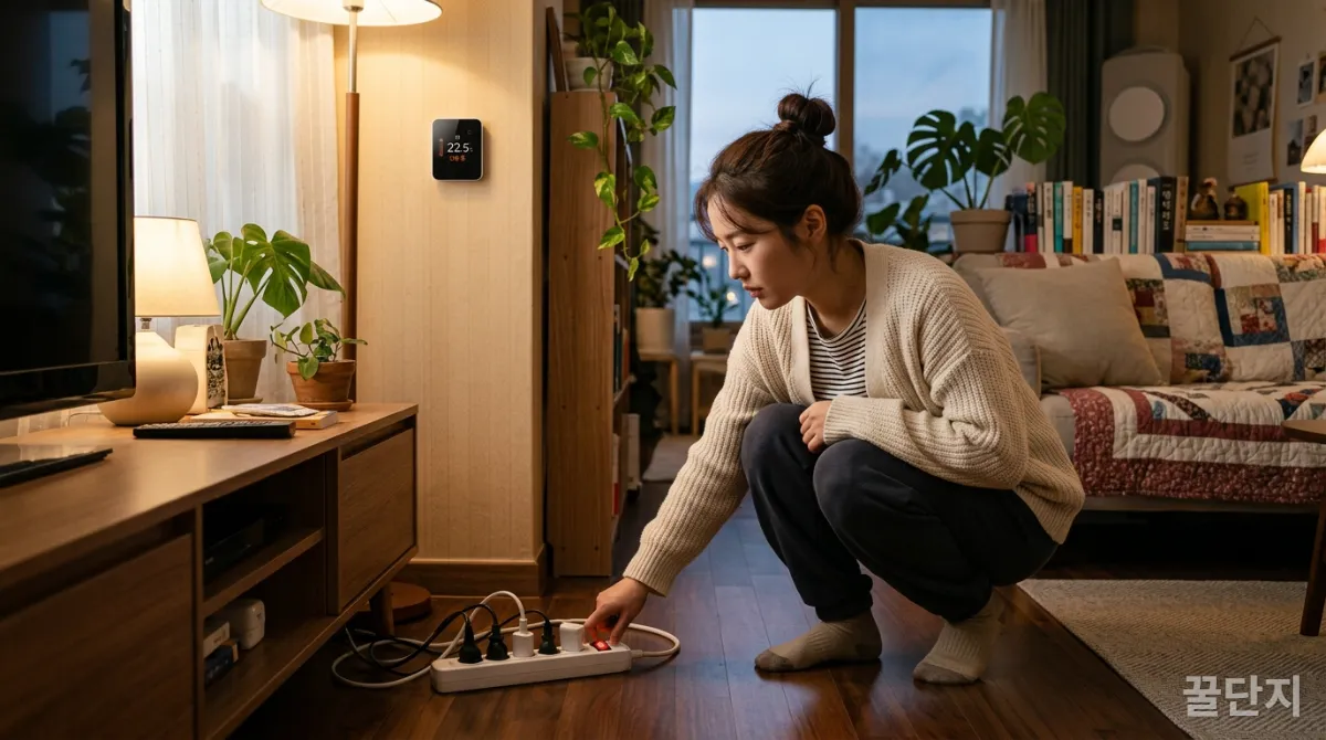 대기 전력을 차단하며 에너지 절약을 실천하는 모습